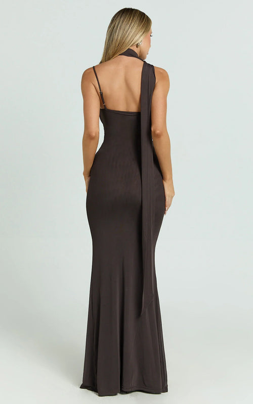 Chic Sheath Asymmetric Halter Ruched Bodice Open Back Floor Length Plus Size Evening Dress