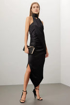 Chic Sheath Asymmetric Halter Neck Sleeveless Draped Asymmetric Hem Plus Size Prom Dress