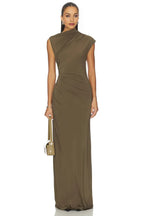 Chic Sheath Asymmetric Neck Cap Sleeve Ruched Back Floor Length Evening Dress