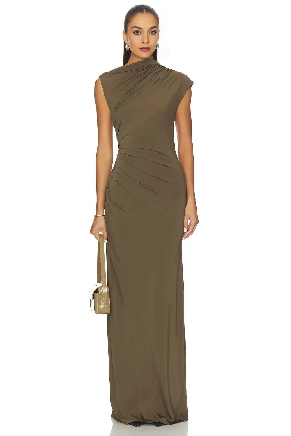Chic Sheath Asymmetric Neck Cap Sleeve Ruched Back Floor Length Evening Dress