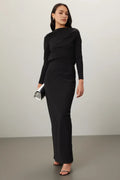 Chic Sheath Asymmetric Neck Long Sleeve Draped Back Floor Length Plus Size Prom Dress