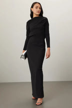 Chic Sheath Asymmetric Neck Long Sleeve Draped Back Floor Length Plus Size Prom Dress