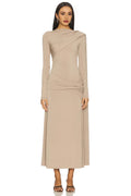 Chic Sheath Asymmetric Neck Long Sleeve Draped Back Midi Length Evening Dress