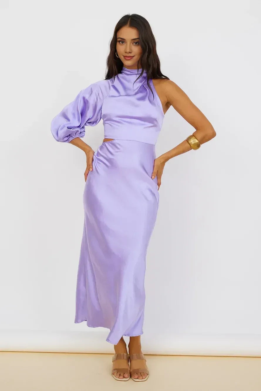 Chic Sheath Asymmetric Neck One Sleeve Cut Out Back Midi Length Prom Dress