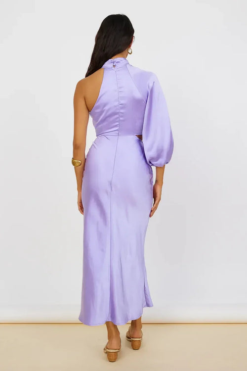Abito da sera midi chic a tubino con scollo asimmetrico, manica singola e cut-out sulla schiena