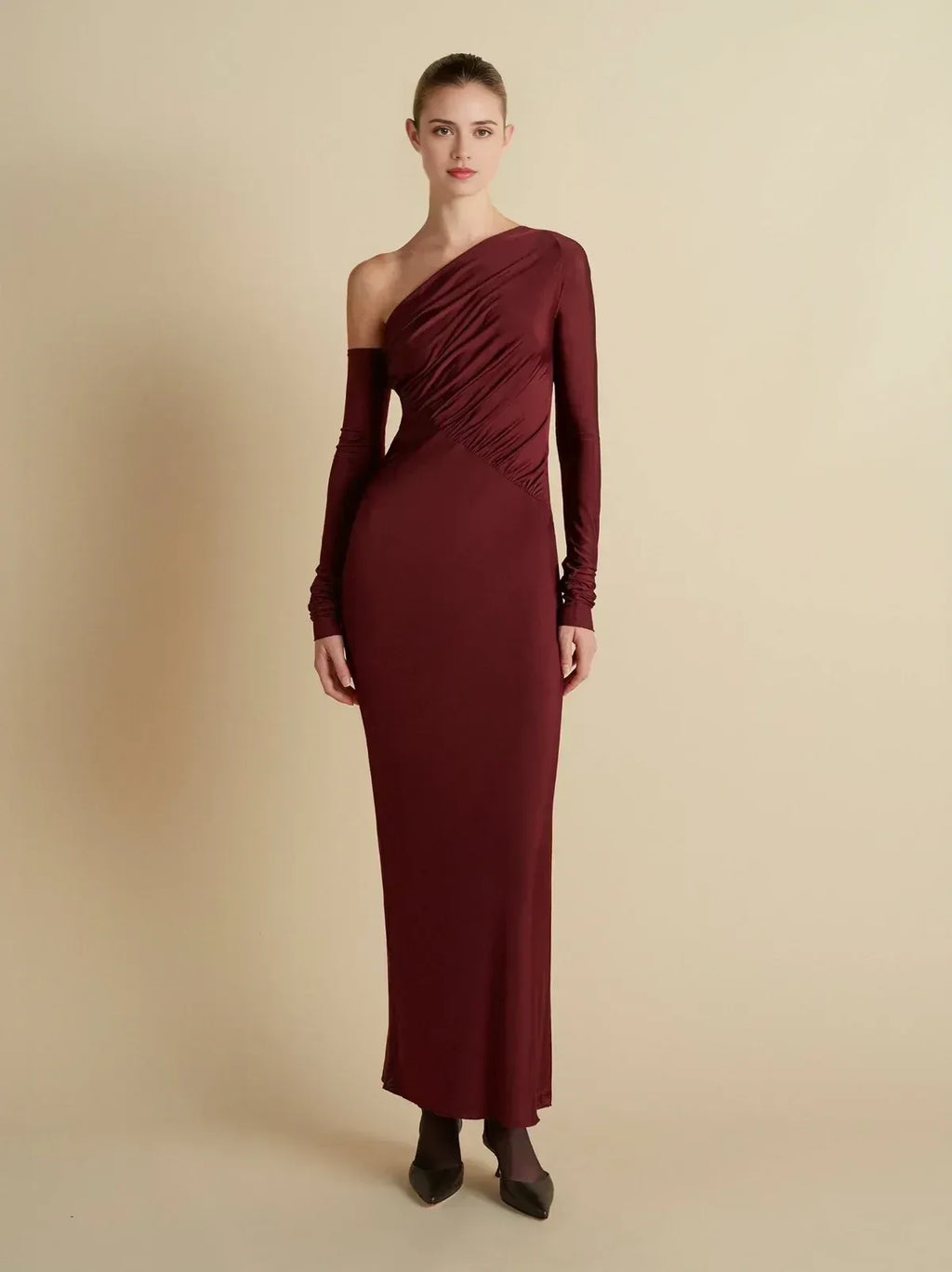 Chic Sheath Asymmetric Neck One Sleeve Ruched Bodice Floor Length Prom Dress
