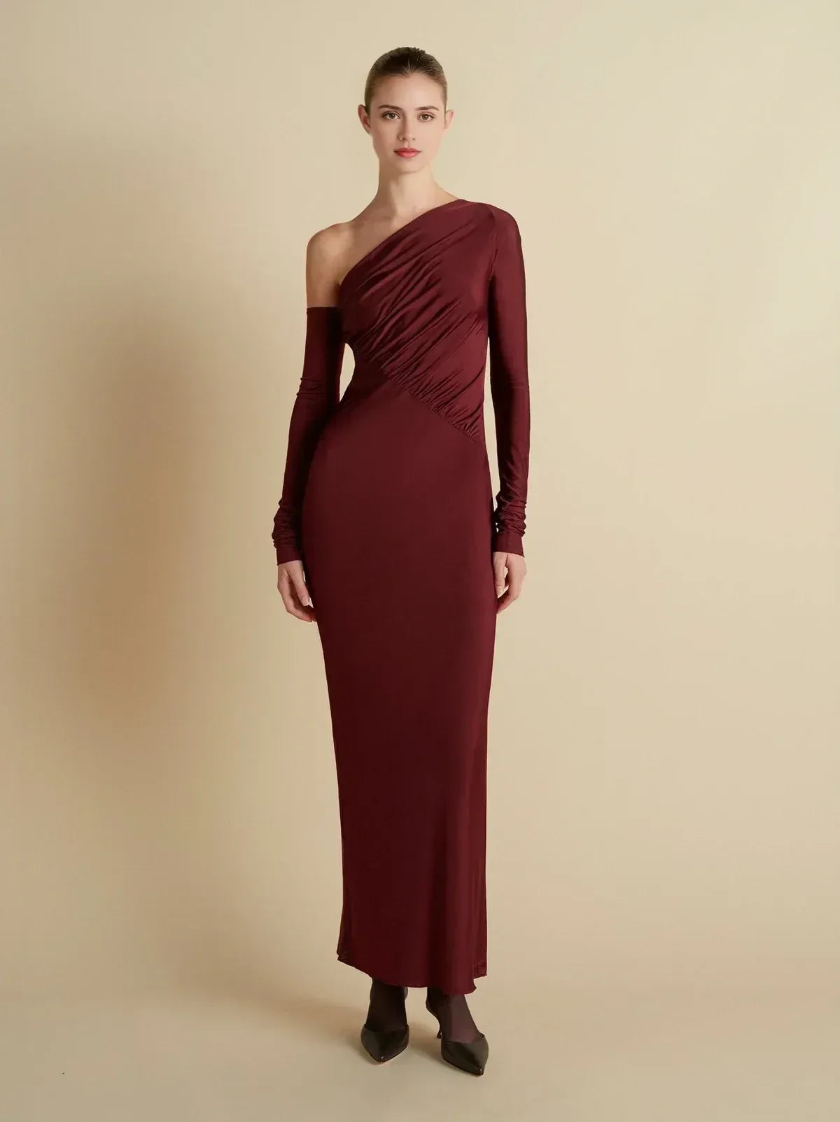 Chic Sheath Asymmetric Neck One Sleeve Ruched Bodice Floor Length Prom Dress