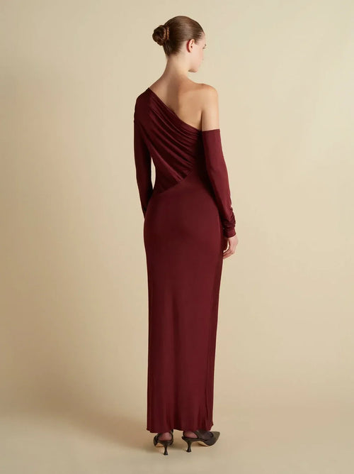 Elegante Abito da Sera a Sirena con Scollo Asimmetrico, Monospalla, Corpetto Drappeggiato e Lunghezza al Pavimento