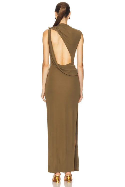 Robe de soirée fourreau chic asymétrique sans manches avec découpe au dos longueur ras du sol