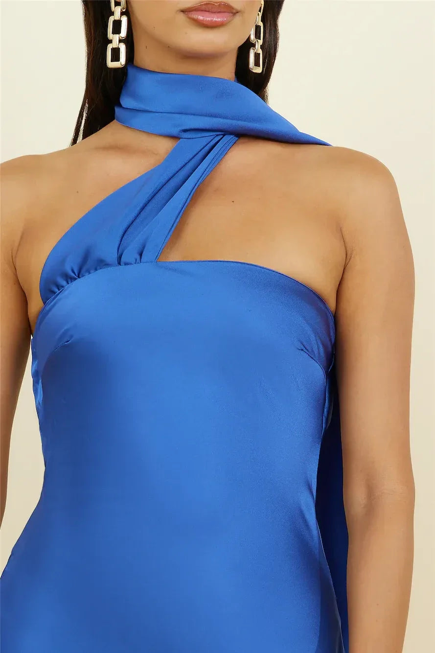 Chic Sheath Asymmetric Neck Sleeveless Draped Back Midi Length Prom Dress