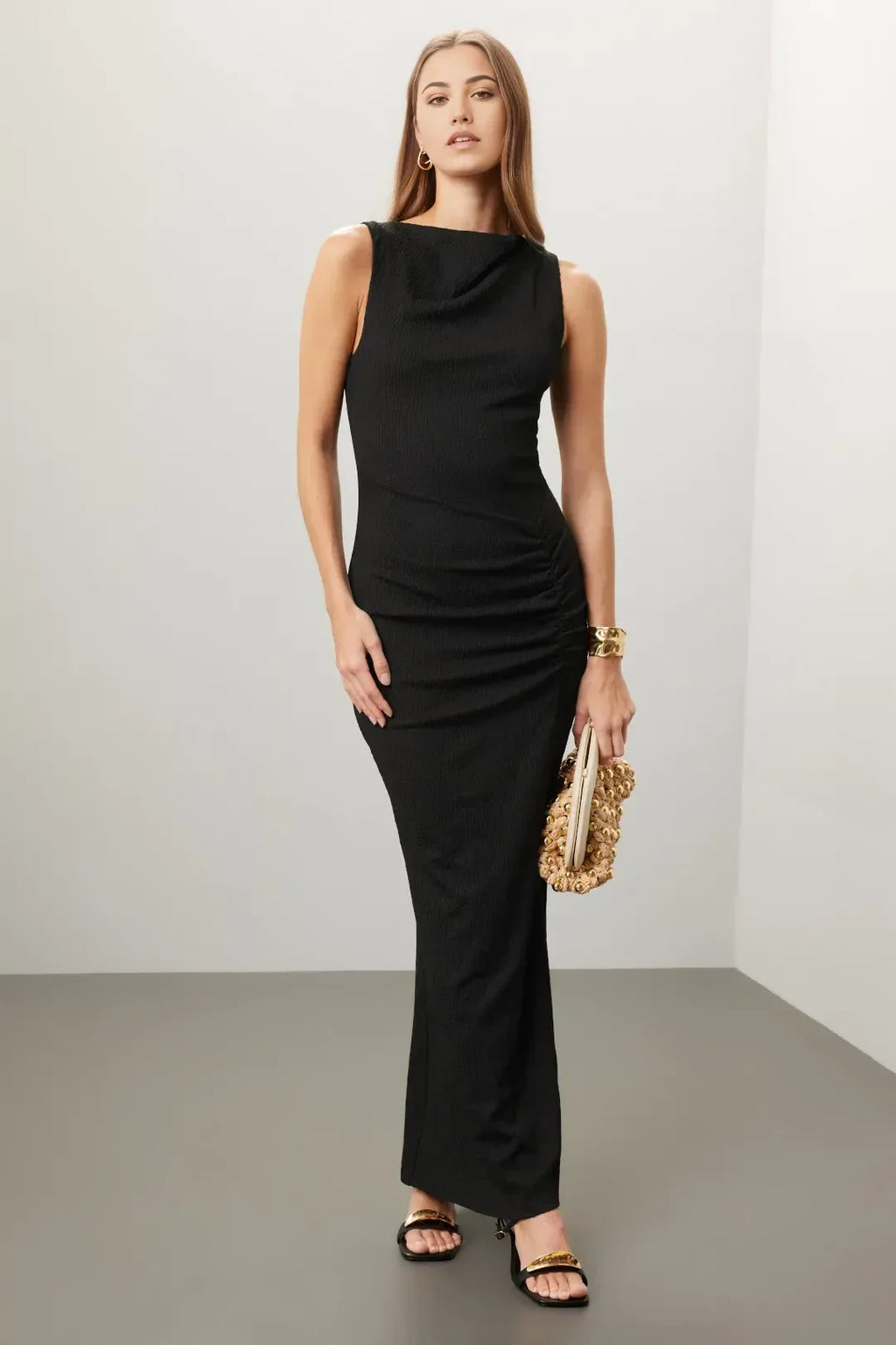 Chic Sheath Asymmetric Neck Sleeveless Ruched Side Floor Length Plus Size Prom Dress