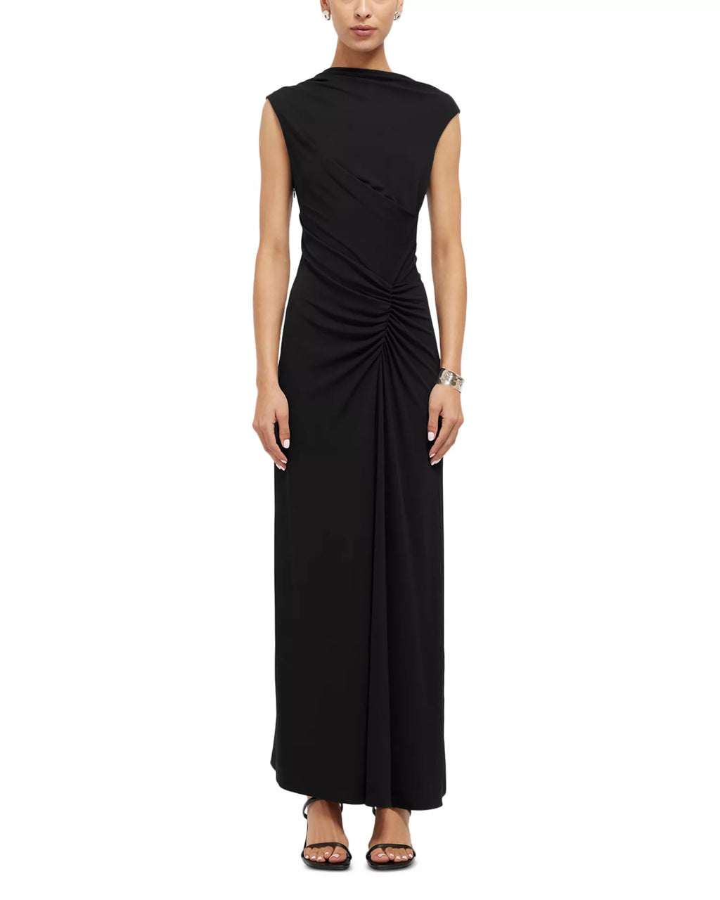 Chic Sheath Boat Neck Cap Sleeve Ruched Bodice Floor Length For Women Prom Dress