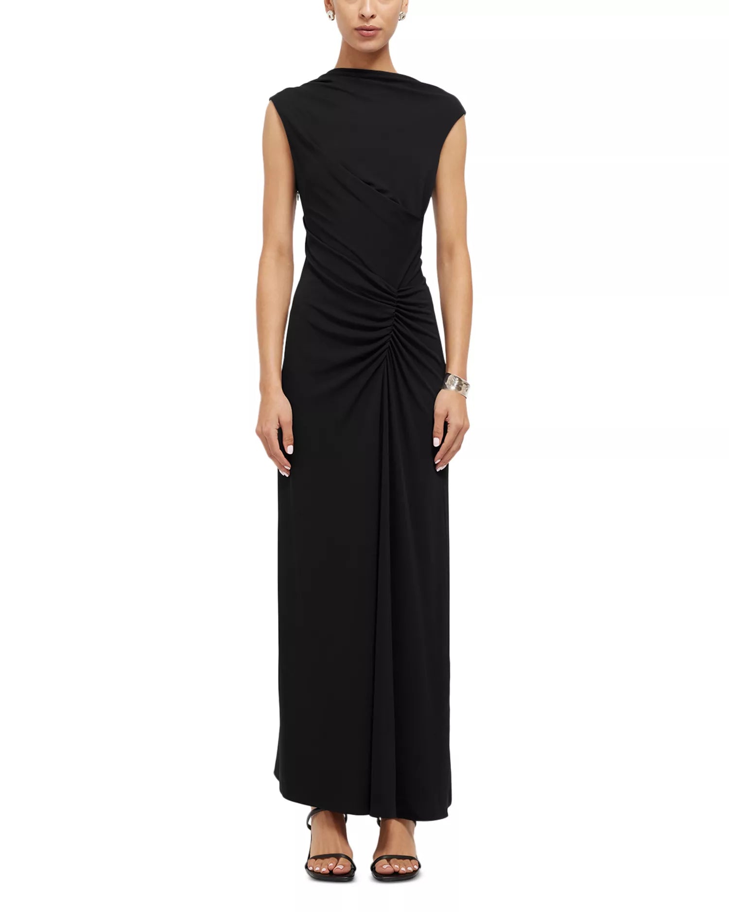 Chic Sheath Boat Neck Cap Sleeve Ruched Bodice Floor Length For Women Prom Dress