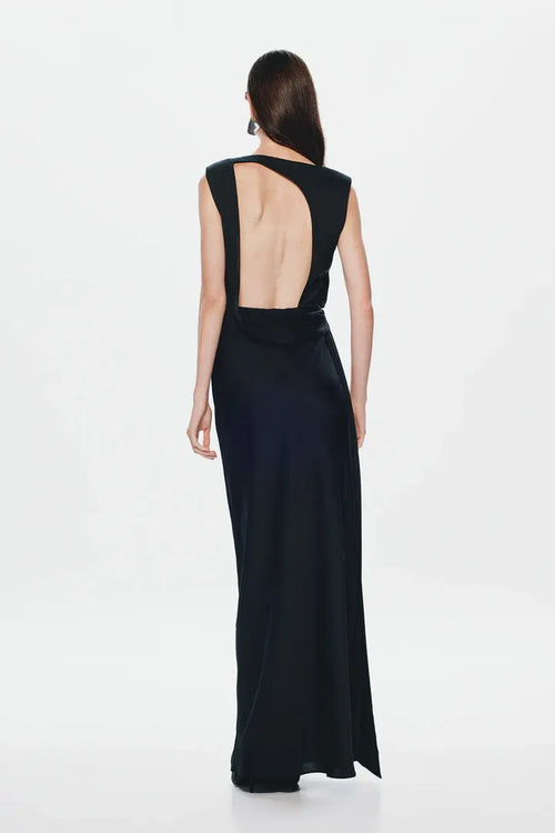 Robe de bal chic fourreau, col bateau, sans manches, dos découpé, longueur ras du sol pour femme