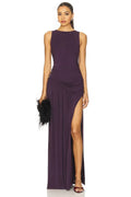 Chic Sheath Boat Neck Sleeveless Ruched Detail Slit Front Floor Length Evening Dress