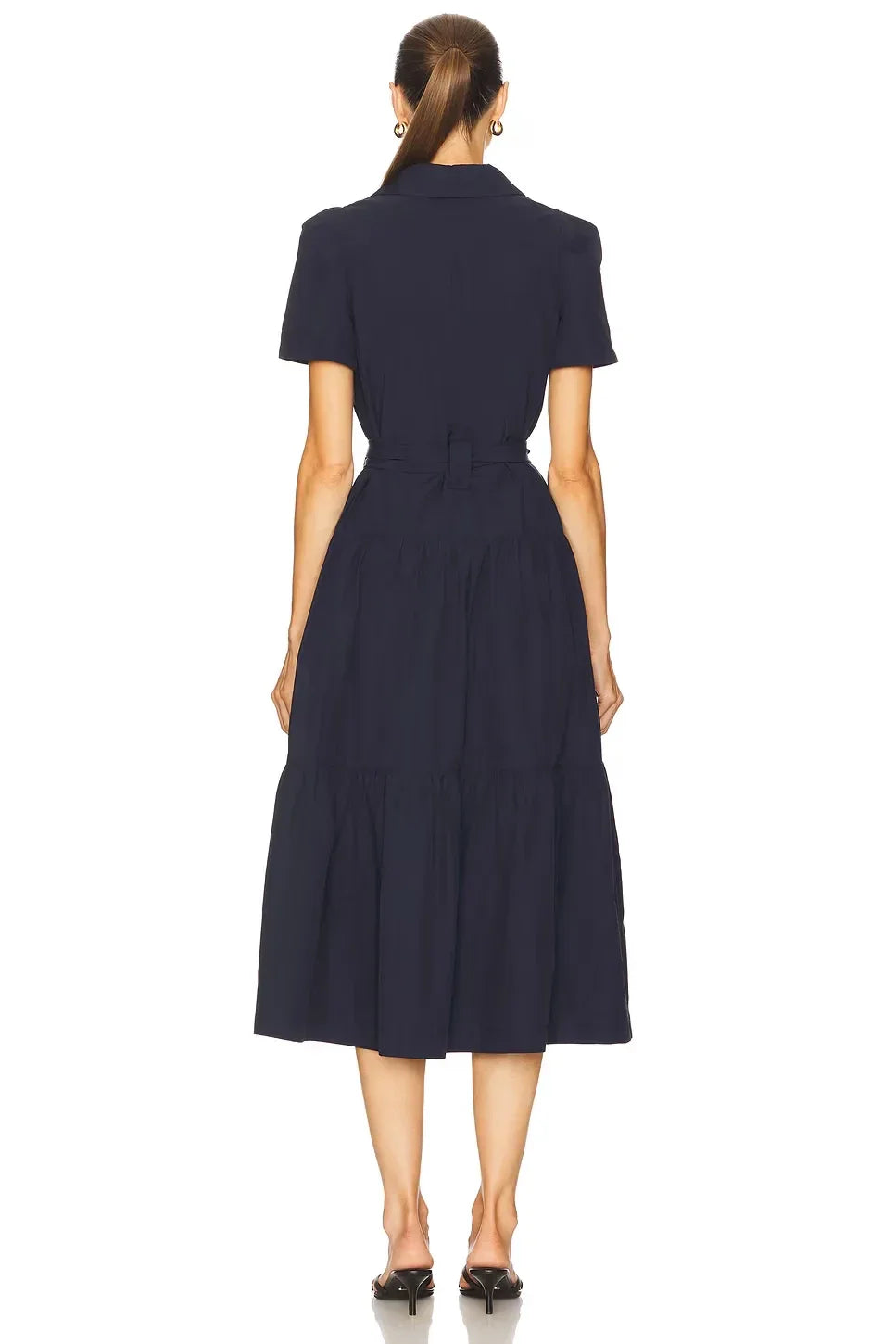 Chic Sheath Collared Neck Short Sleeve Tiered Slit Midi Length Evening Dress