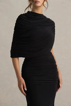 Chic Sheath Cowl Neck Draped Sleeve Ruched Back Floor Length Evening Dress