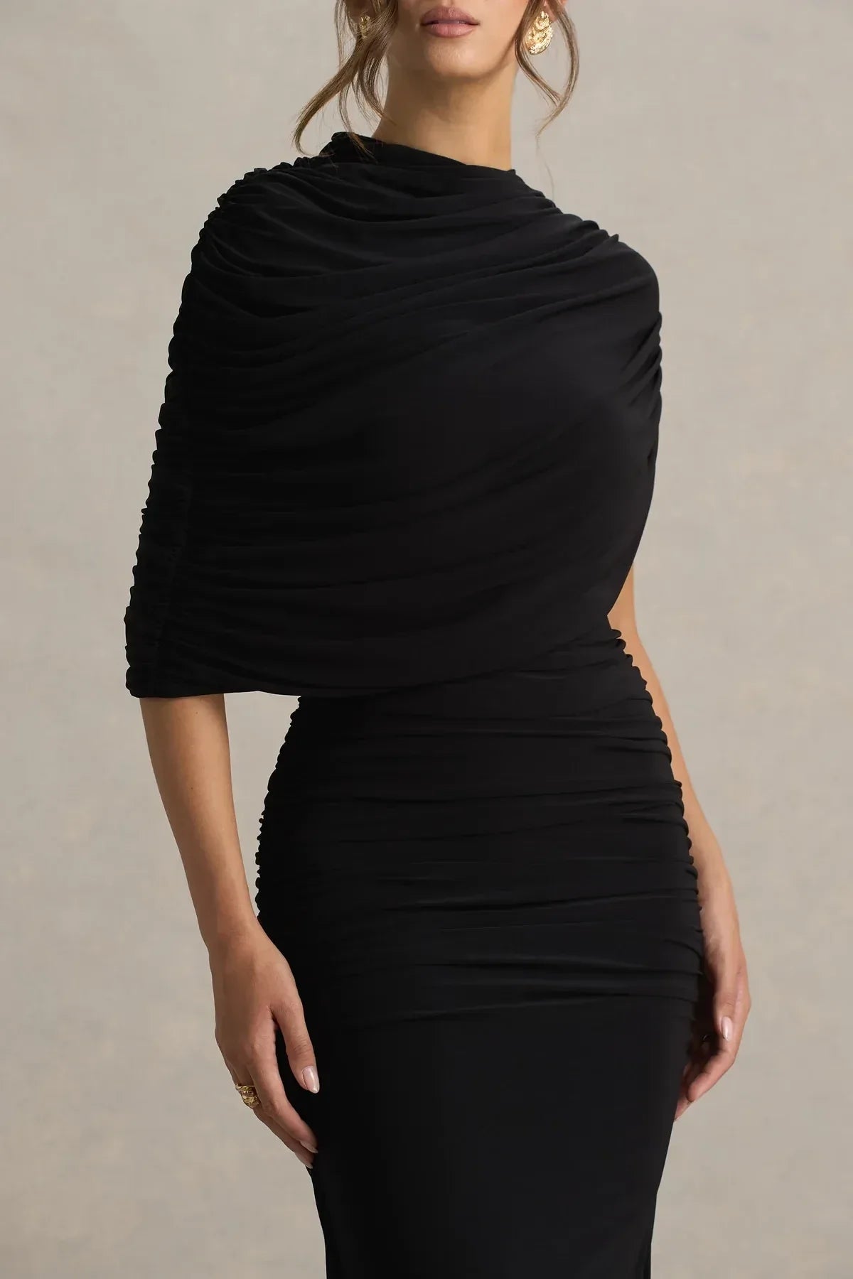 Chic Sheath Cowl Neck Draped Sleeve Ruched Back Floor Length Evening Dress