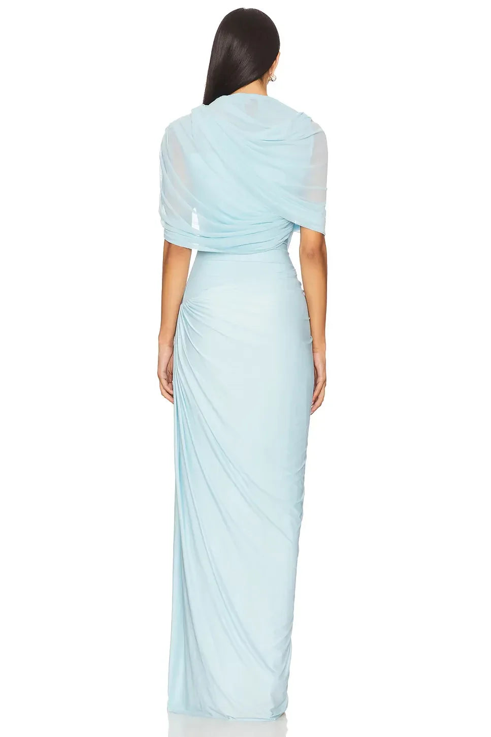 Chic Sheath Cowl Neck Short Sleeve Draped Back Floor Length Evening Dress