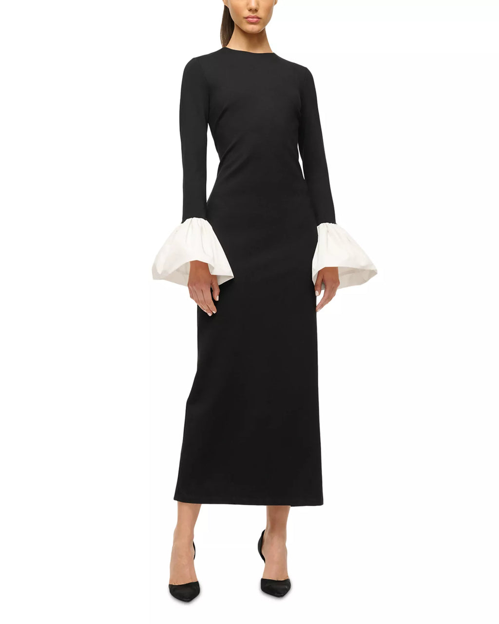 Chic Sheath Crew Neck Contrast Bell Sleeve Zipper Back Midi Length For Adults Prom Dress