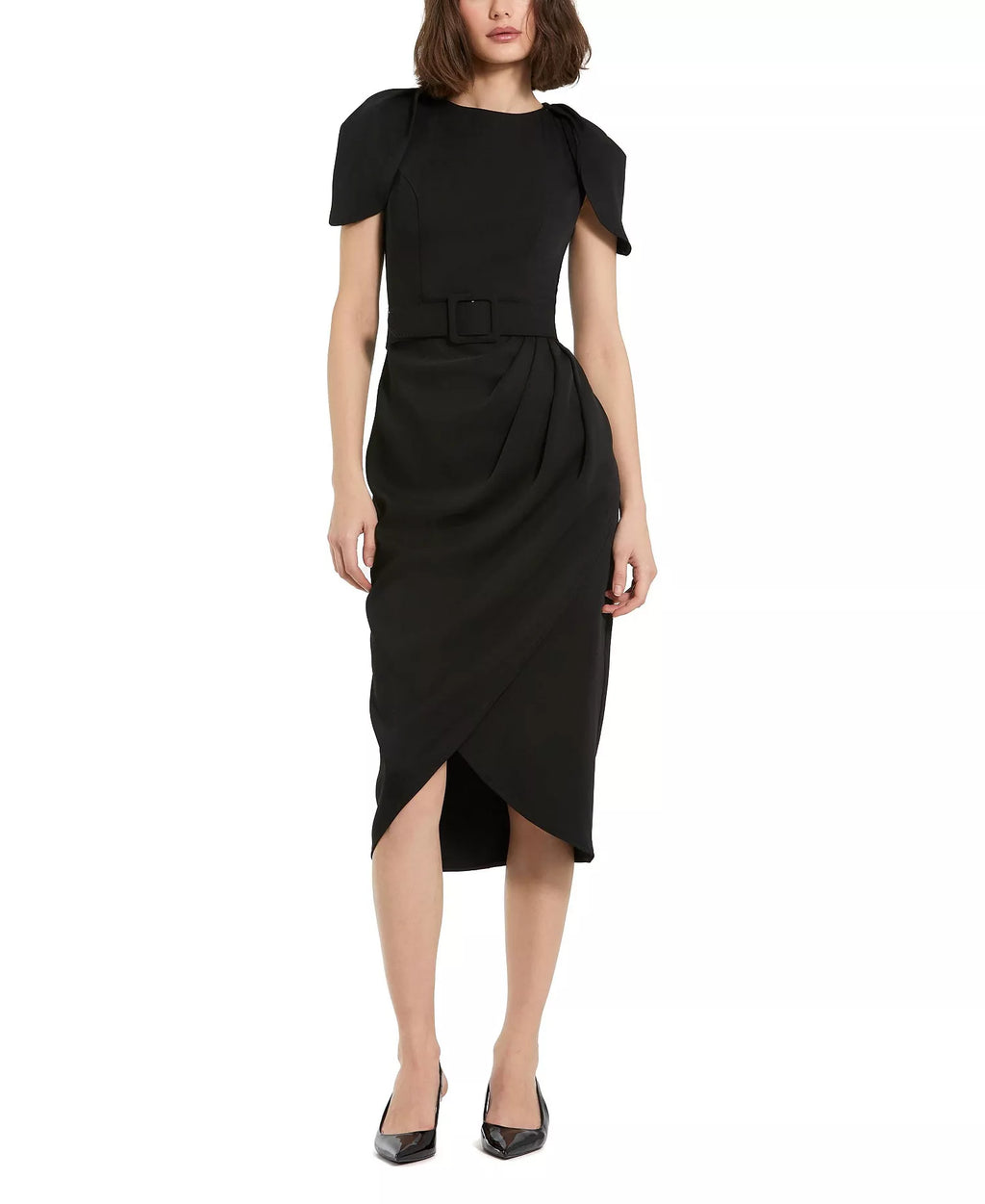 Chic Sheath Crew Neck Puff Sleeve Belted Back Asymmetrical Midi For Ladies Prom Dress