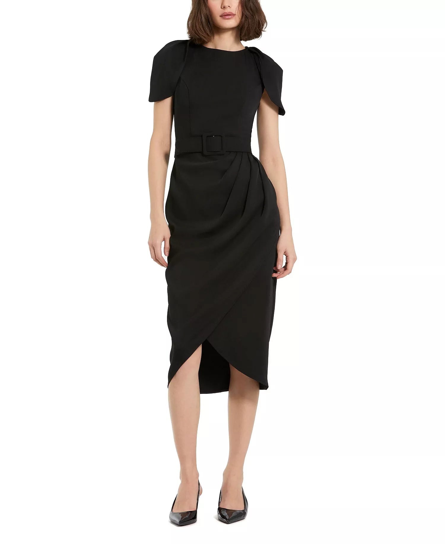 Chic Sheath Crew Neck Puff Sleeve Belted Back Asymmetrical Midi For Ladies Prom Dress