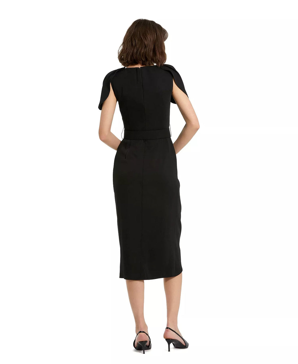 Chic Sheath Crew Neck Puff Sleeve Belted Back Asymmetrical Midi For Ladies Prom Dress