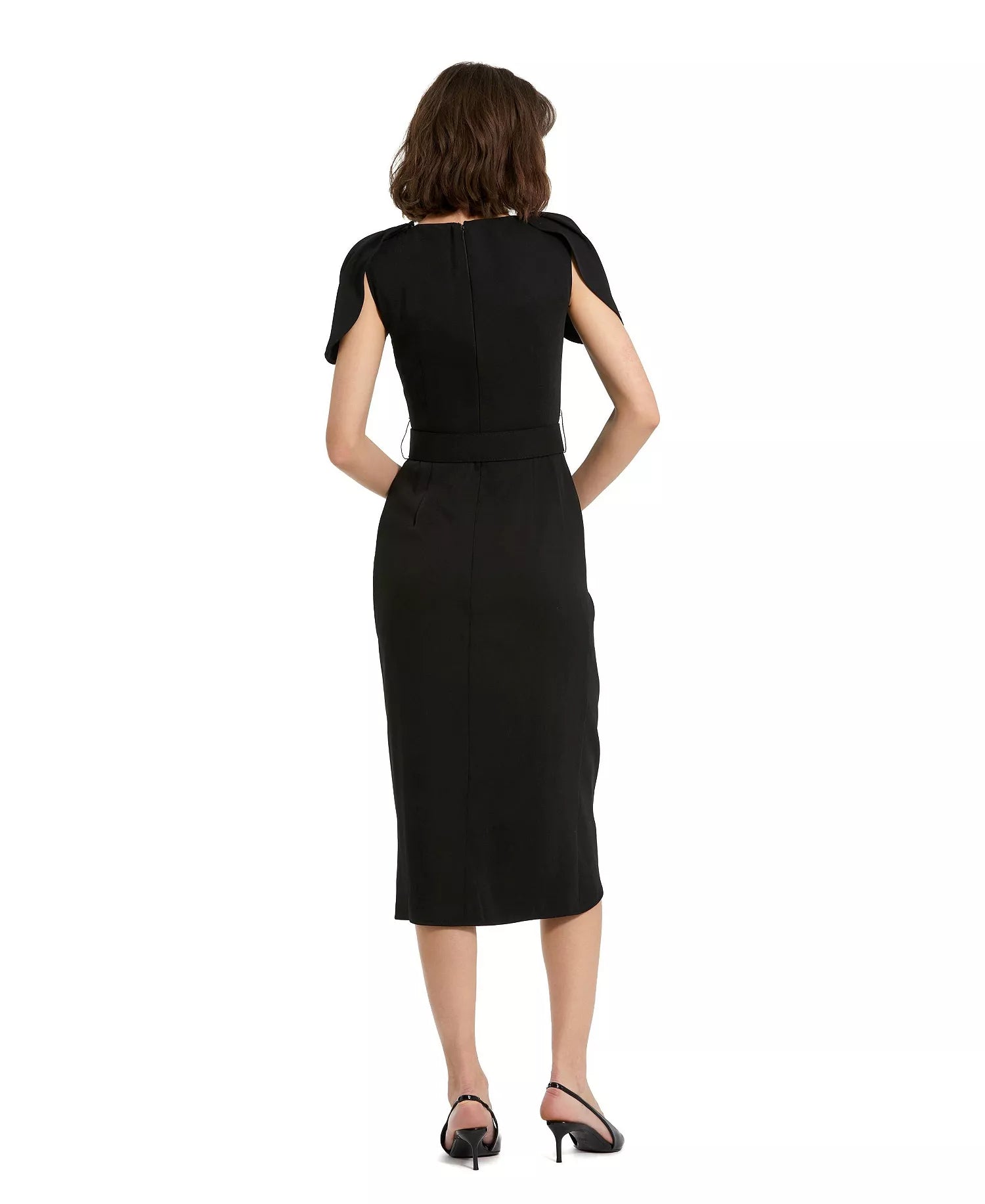 Chic Sheath Crew Neck Puff Sleeve Belted Back Asymmetrical Midi For Ladies Prom Dress