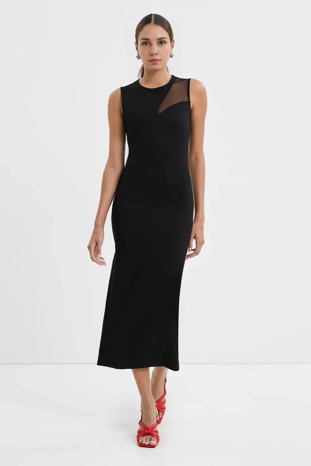 Chic Sheath Crew Neck Sleeveless Mesh Cutout Zipper Back Midi Length Female Prom Dress