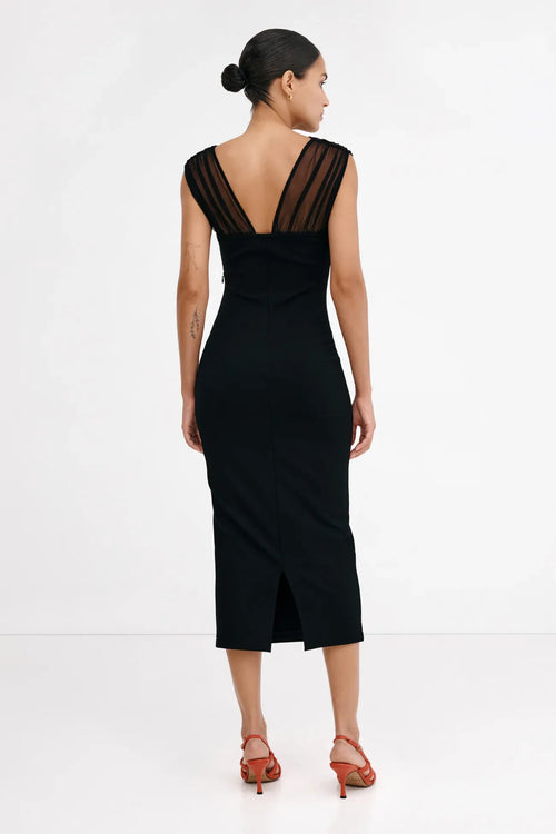 Chic Sheath Cutout Neck Mesh Overlay Cross Strap Open Back Midi Length For Women Prom Dress
