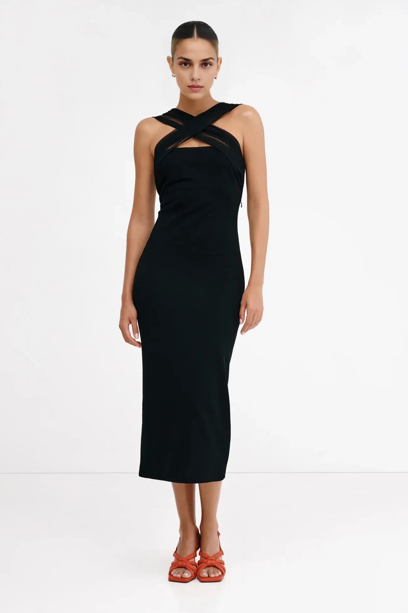 Chic Sheath Cutout Neck Mesh Overlay Cross Strap Open Back Midi Length For Women Prom Dress