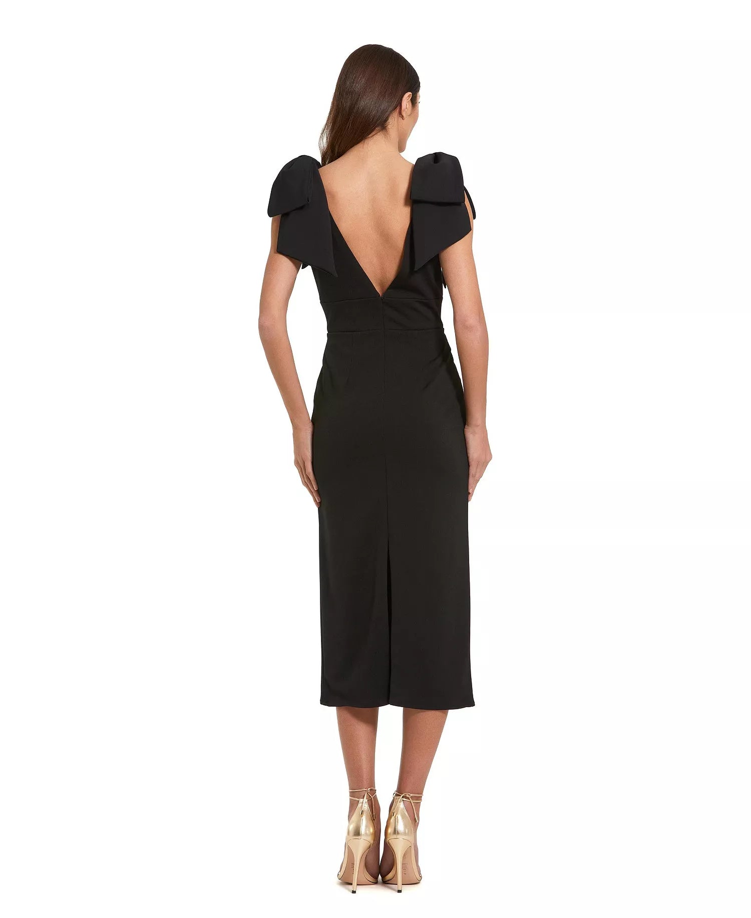 Chic Sheath Deep V Neck Bow Accent Plunging Back Midi Length For Adults Prom Dress
