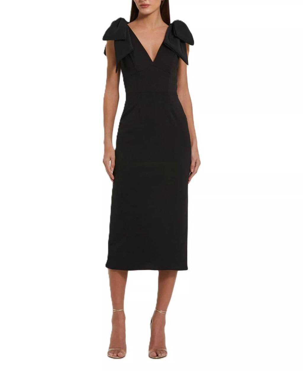 Chic Sheath Deep V Neck Bow Accent Plunging Back Midi Length For Adults Prom Dress