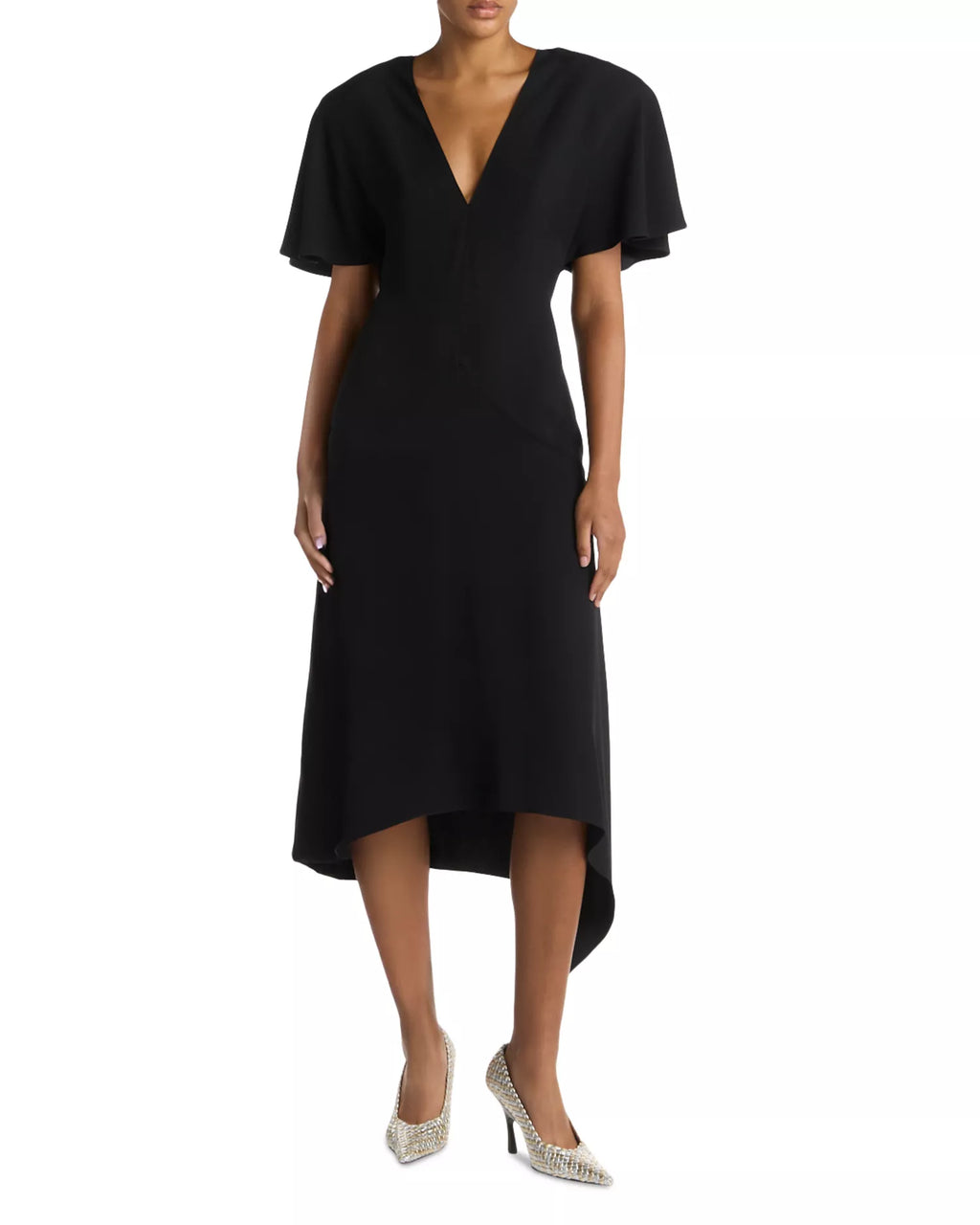 Chic Sheath Deep V Neck Flutter Sleeve Zipper Back Asymmetrical Midi For Adults Prom Dress