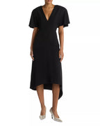Chic Sheath Deep V Neck Flutter Sleeve Zipper Back Asymmetrical Midi For Adults Prom Dress
