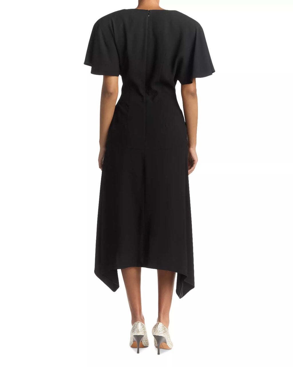 Chic Sheath Deep V Neck Flutter Sleeve Zipper Back Asymmetrical Midi For Adults Prom Dress