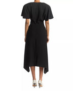 Chic Sheath Deep V Neck Flutter Sleeve Zipper Back Asymmetrical Midi For Adults Prom Dress