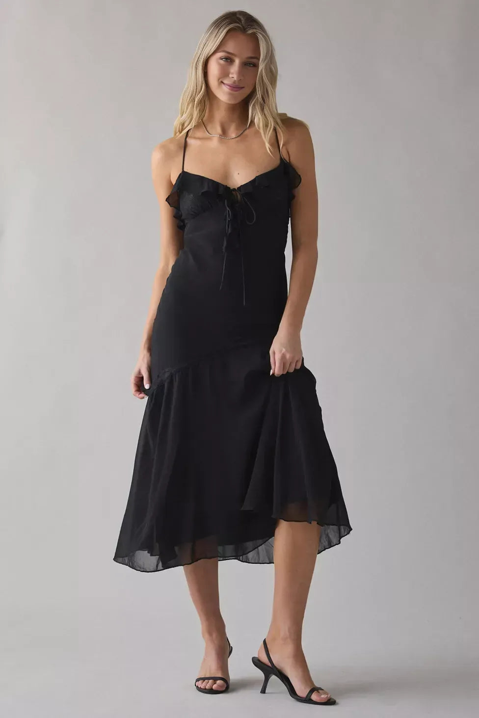 Chic Sheath Deep V Neck Ruffle Sleeve Cross Back Asymmetrical Midi Prom Dress