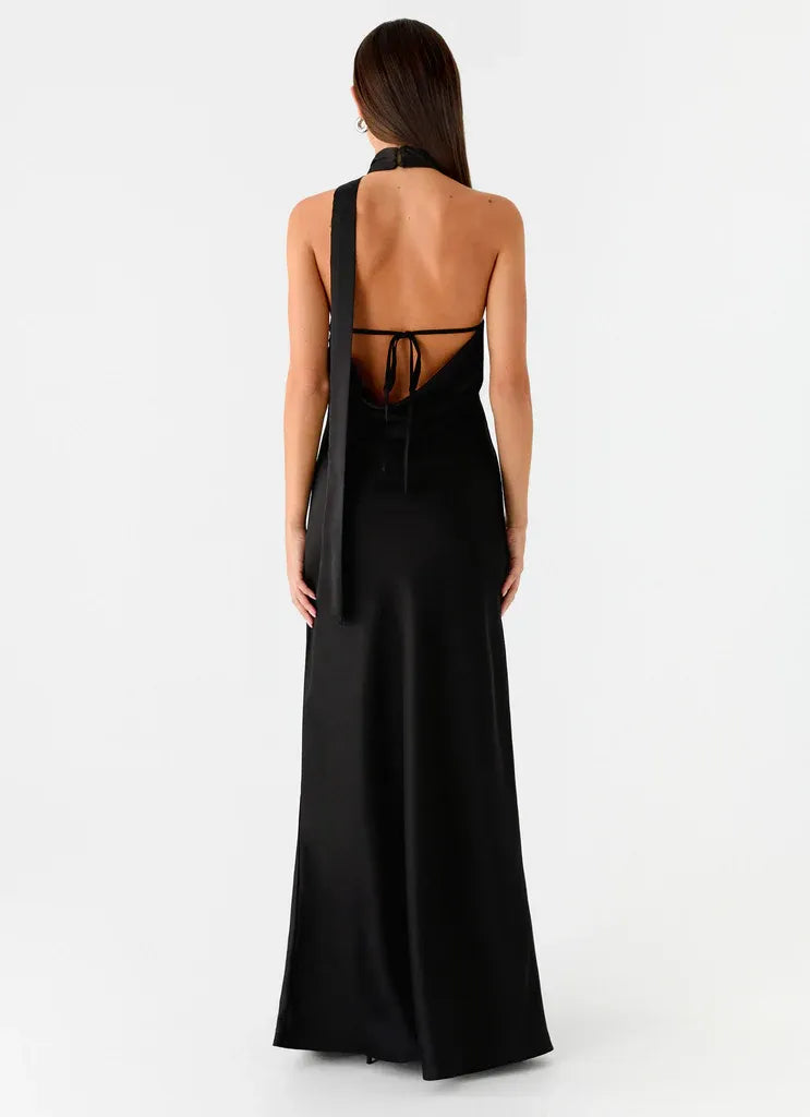 Chic Sheath Halter Neck Sleeveless Draped Back Floor Length Plus Size Evening Dress