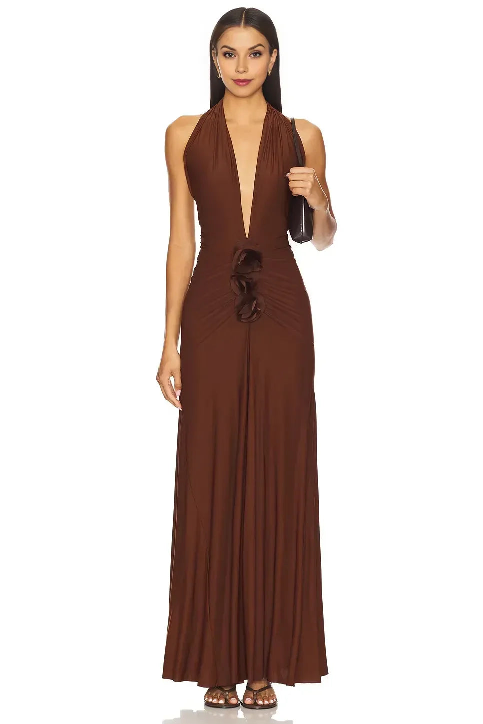Chic Sheath Halter Neck Sleeveless Floral Embellished Open Back Floor Length Evening Dress