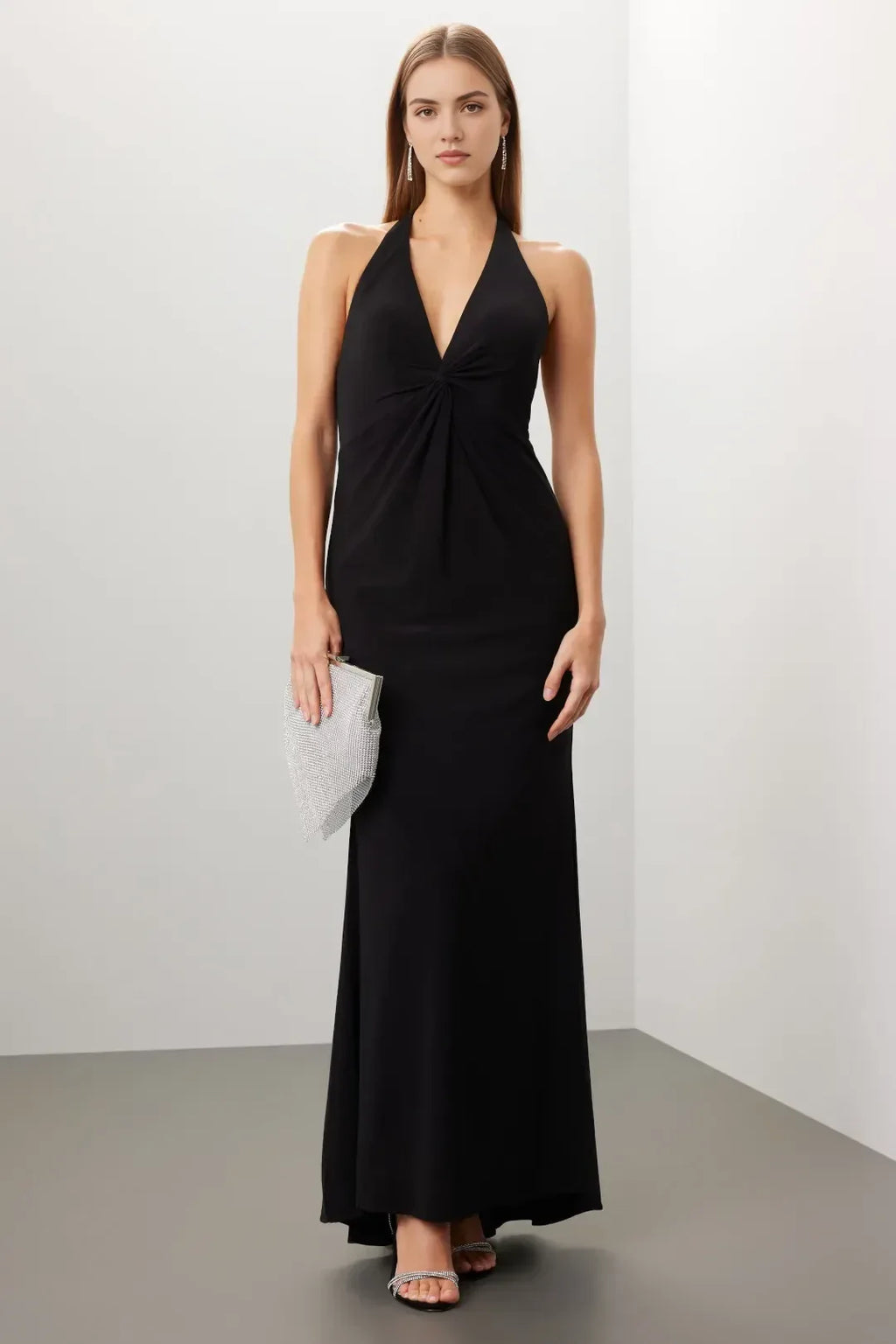 Chic Sheath Halter Neck Sleeveless Knot Back Floor Length Plus Size Prom Dress