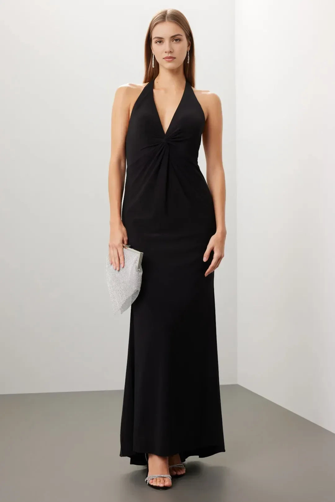 Chic Sheath Halter Neck Sleeveless Knot Back Floor Length Plus Size Prom Dress