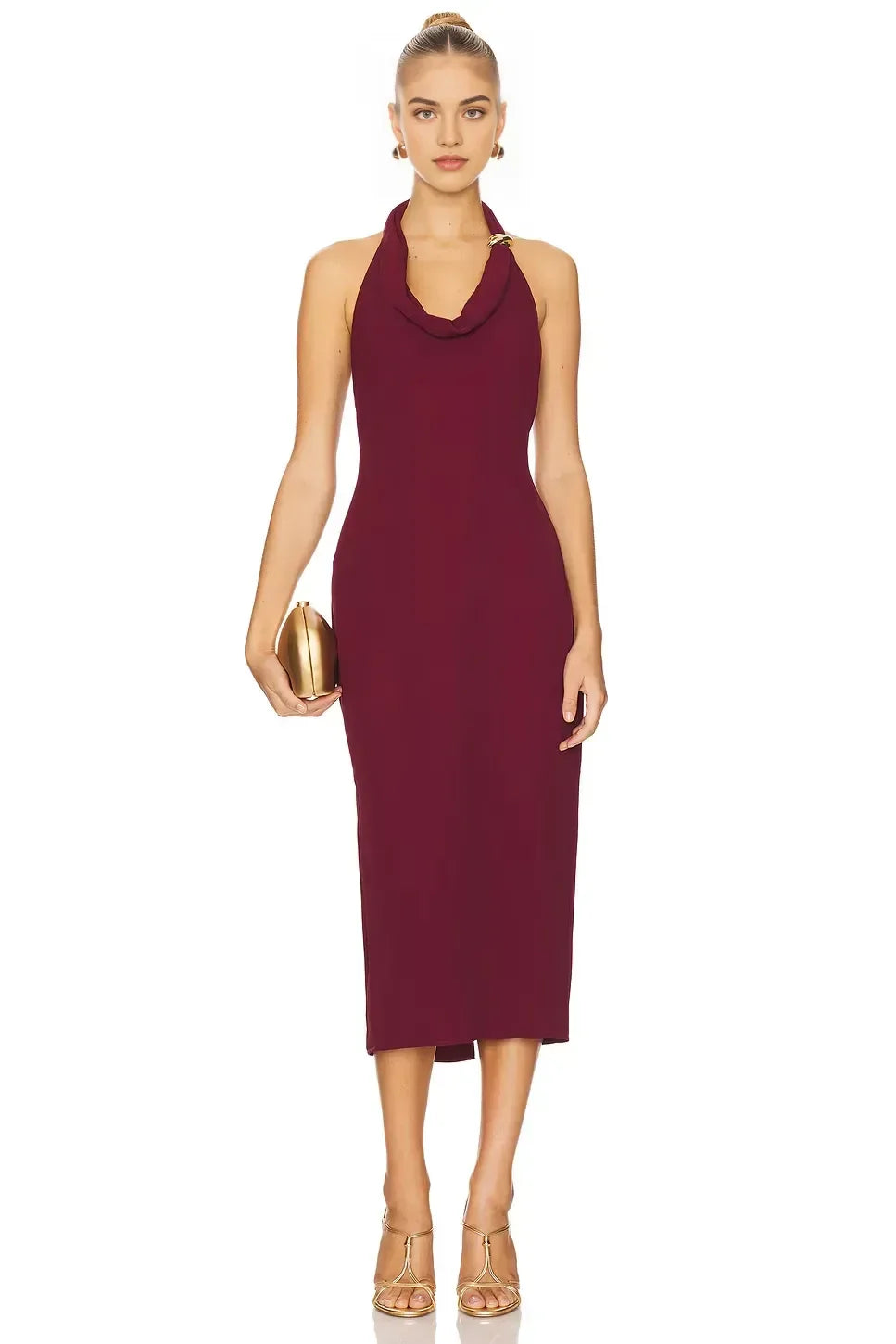 Chic Sheath Halter Neck Sleeveless Open Back Midi Evening Dress