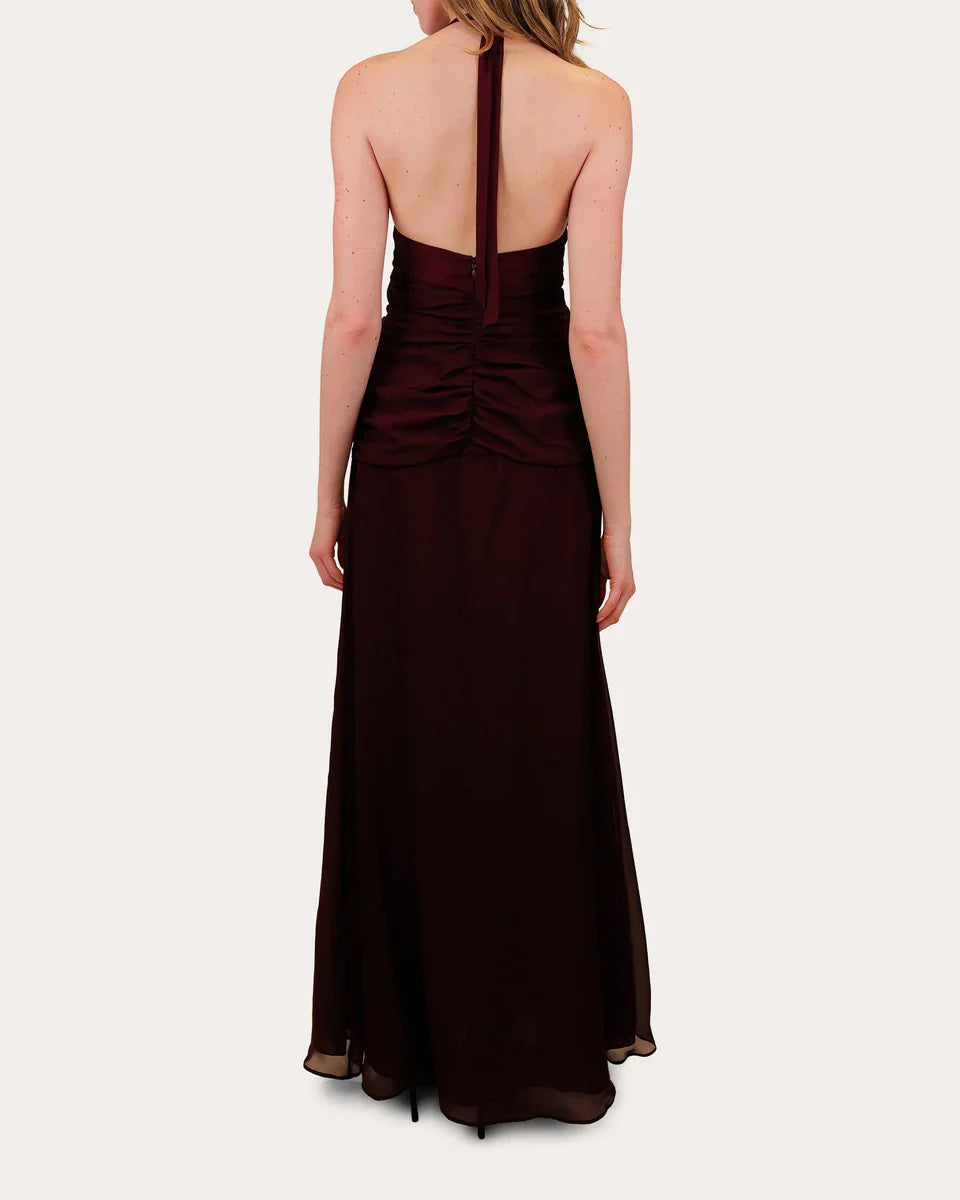 Chic Sheath Halter Neck Sleeveless Open Back Ruched Floor Length Hot Sale Prom Dress
