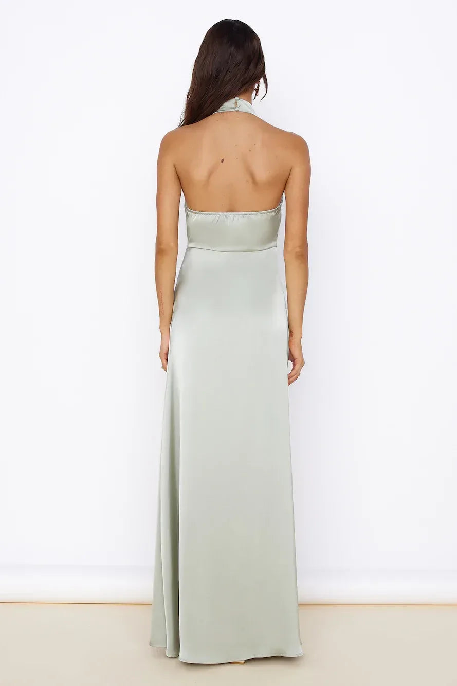 Chic Sheath Halter Neck Sleeveless Open Back Side Slit Floor Length Prom Dress