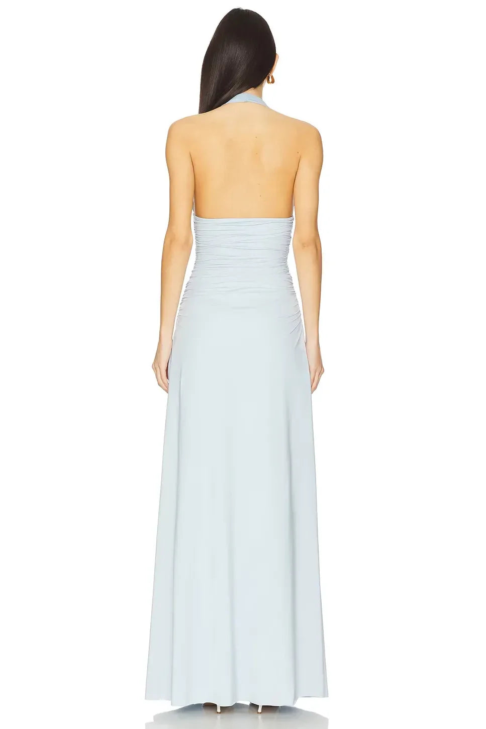 Chic Sheath Halter Neck Sleeveless Rosette Detail Open Back Floor Length Evening Dress