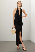 Chic Sheath Halter Neck Sleeveless Ruched Side Floor Length Plus Size Prom Dress