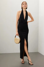 Chic Sheath Halter Neck Sleeveless Ruched Side Floor Length Plus Size Prom Dress