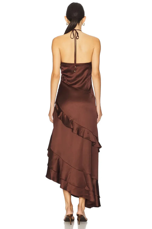 Élégante Robe de Soirée Fourreau sans Manches à Col Halter, Volants et Longueur Midi Asymétrique