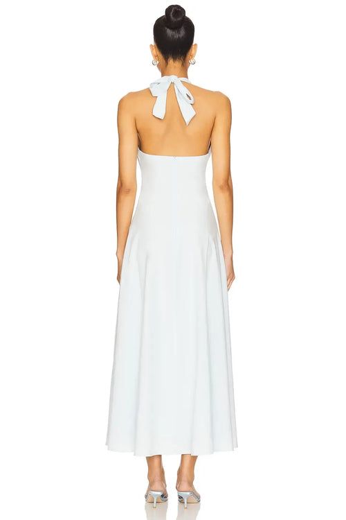 Robe de soirée chic fourreau mi-longue sans manches à licou et dos noué